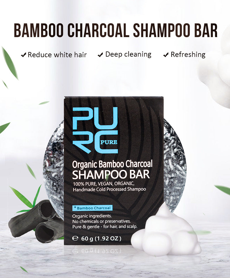 Hand-Extracted Soap Shampoo Bamboo Charcoal Shampoo Soap in eco-friendly packaging with charcoal background.